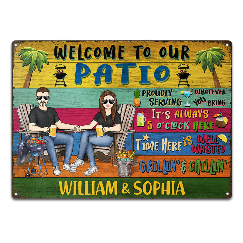 Grilling Couple Welcome To Our Patio Proudly Serving Whatever You Bring - Gift For Couples - Personalized Custom Classic Metal Signs