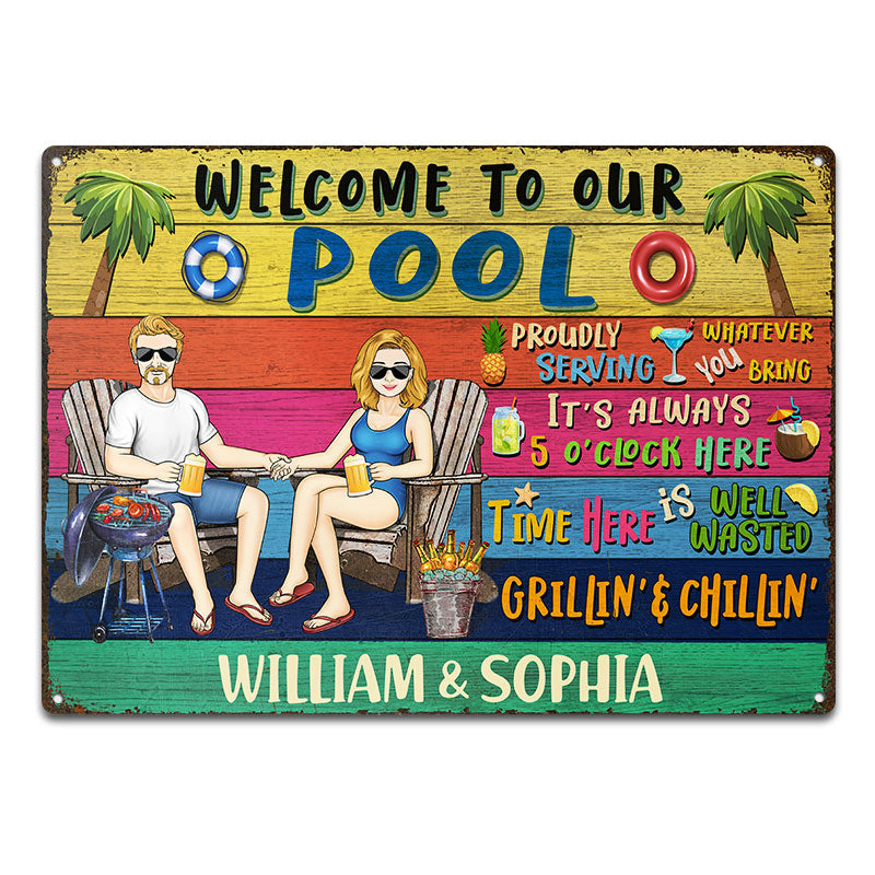 Grilling Couple Welcome To Our Pool Proudly Serving Whatever You Bring - Gift For Couples - Personalized Custom Classic Metal Signs