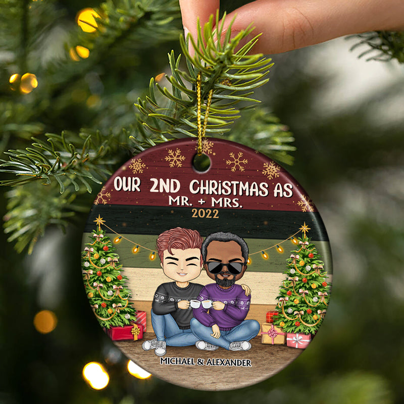 Our 1st Christmas As Mr And Mrs Chibi - Christmas Gift For Couples - Personalized Custom Circle Ceramic Ornament