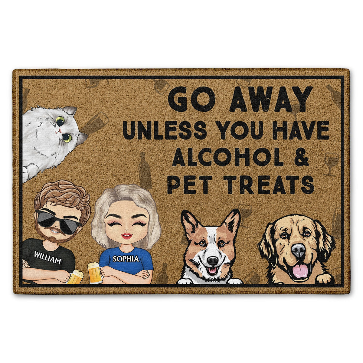 Go Away Unless You Have Alcohol And Dog Treats Cat Treats Pet Treats Chibi Couples - Home Decor, Birthday, Housewarming Gift For Dog Lovers & Cat Lovers - Personalized Custom Doormat