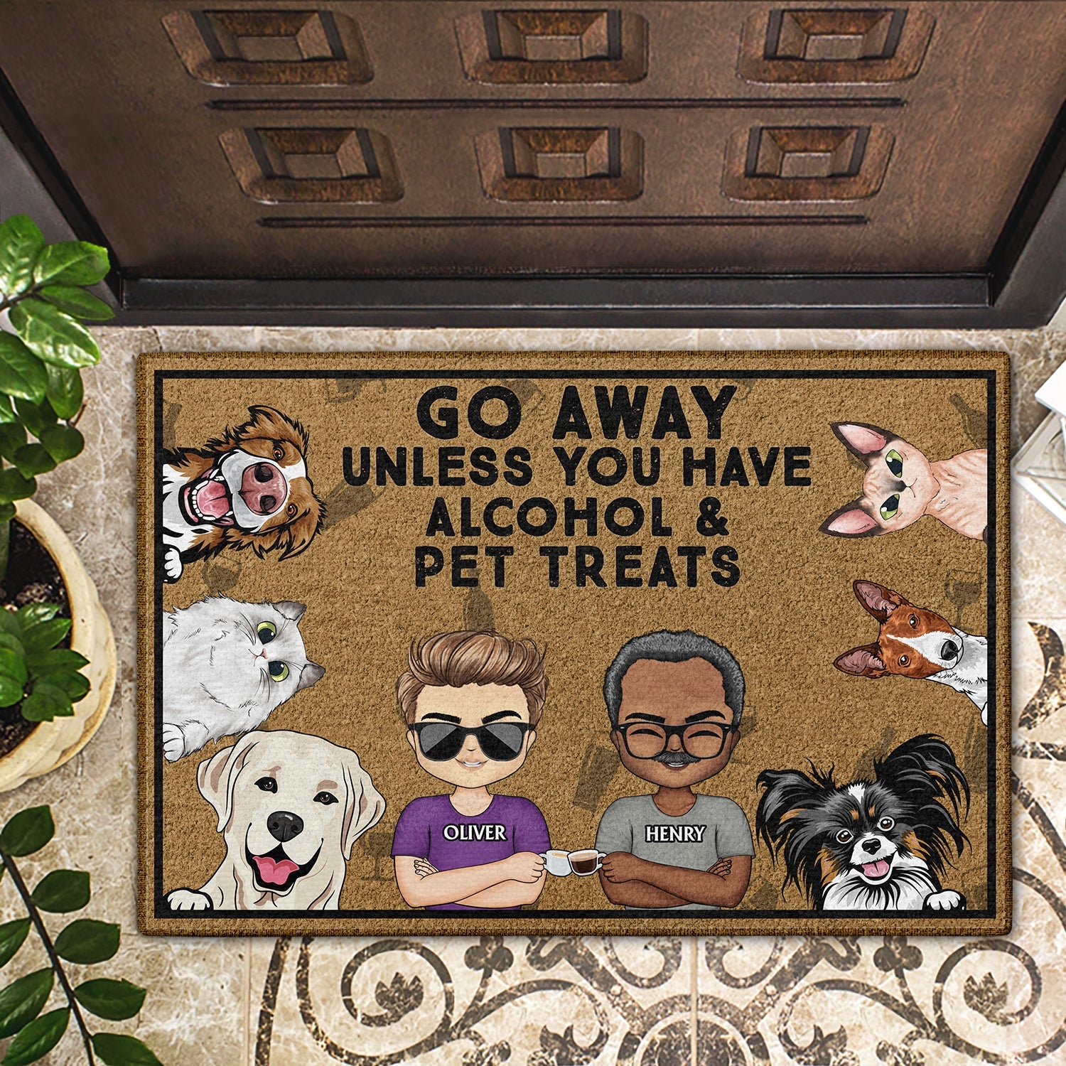 Go Away Unless You Have Alcohol And Dog Treats Cat Treats Pet Treats Chibi Couples - Home Decor, Birthday, Housewarming Gift For Dog Lovers & Cat Lovers - Personalized Custom Doormat