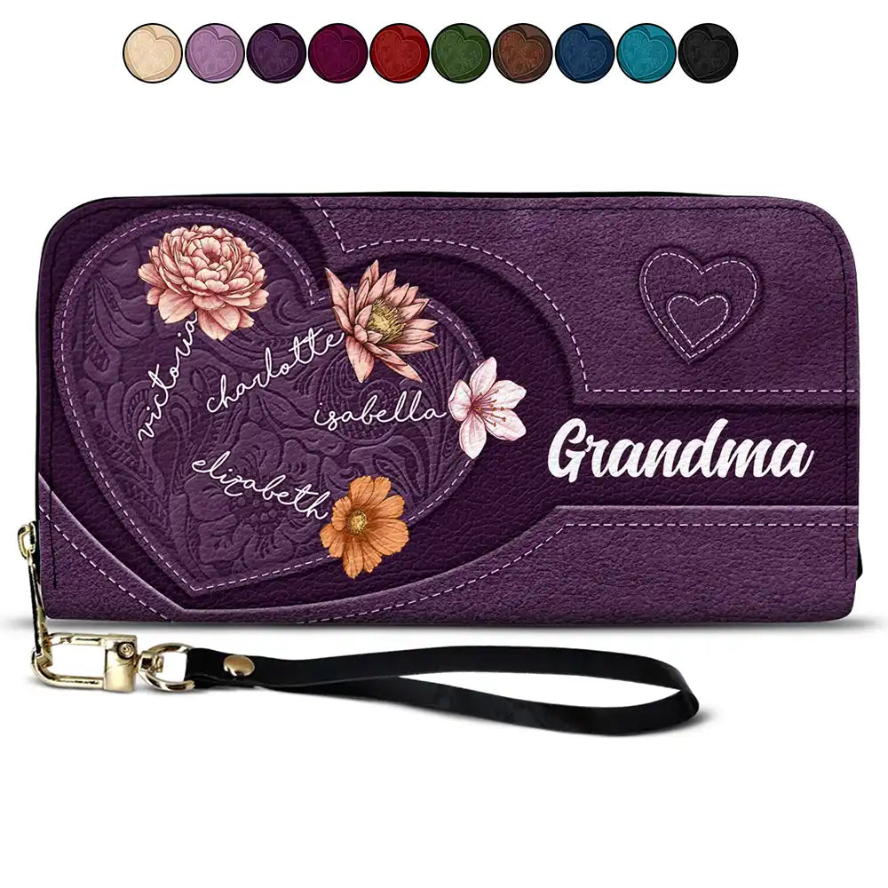 Grandma's Little Hearts Birth Month Flowers - Personalized Leather Long Wallet