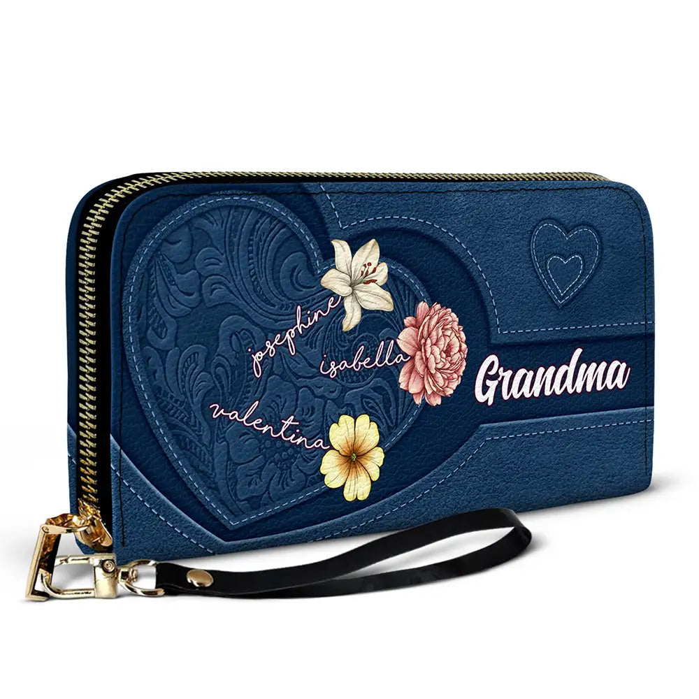 Grandma's Little Hearts Birth Month Flowers - Personalized Leather Long Wallet