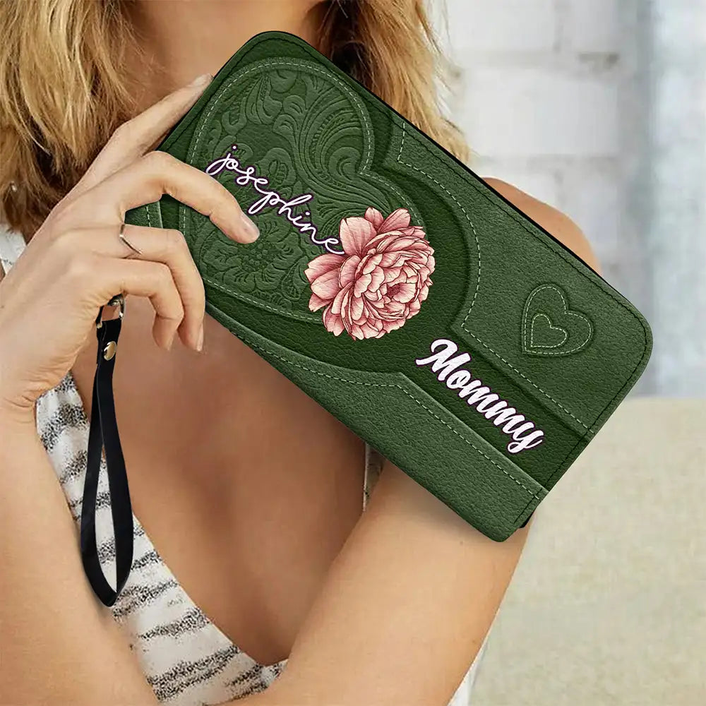 Grandma's Little Hearts Birth Month Flowers - Personalized Leather Long Wallet