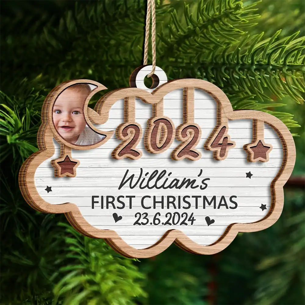 Custom Photo Baby's First Christmas 2024 - Personalized 2-Layered Wooden Ornament