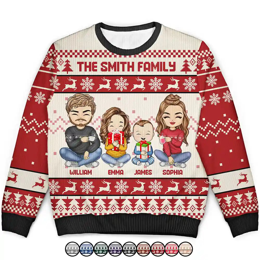 Family - Christmas Chibi Family Holding Gift - Personalized Unisex Ugly Sweater