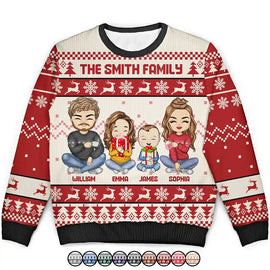 Family - Christmas Chibi Family Holding Gift - Personalized Unisex Ugly Sweater