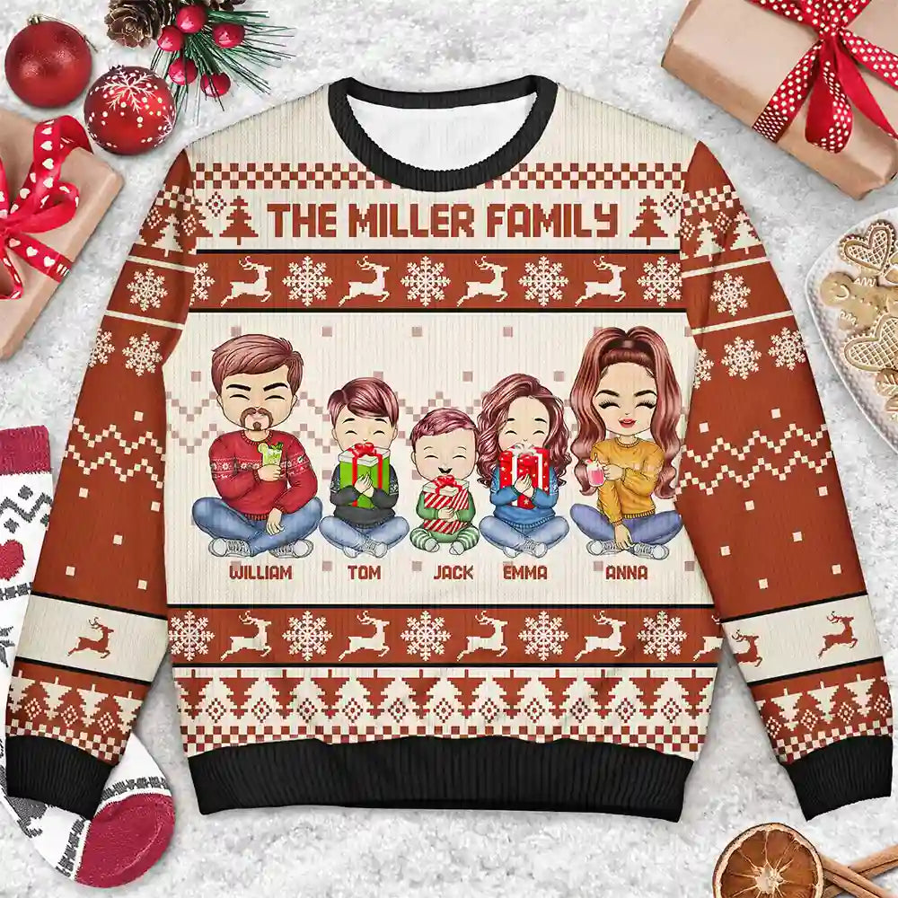 Family - Christmas Chibi Family Holding Gift - Personalized Unisex Ugly Sweater