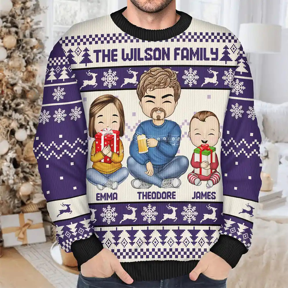 Family - Christmas Chibi Family Holding Gift - Personalized Unisex Ugly Sweater