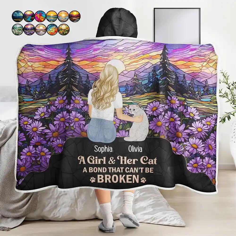 Dog Lovers, Cat Lovers, Pet Lovers - Flower Field A Girl And Her Dog Cat - Personalized Wearable Hooded Blanket