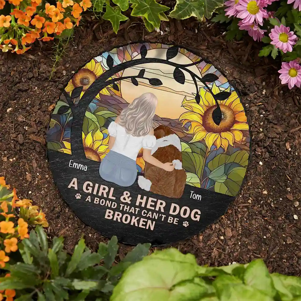 Pet Lovers - Flower Field A Girl And Her Dog And Cat - Personalized Circle Memorial Garden Stone