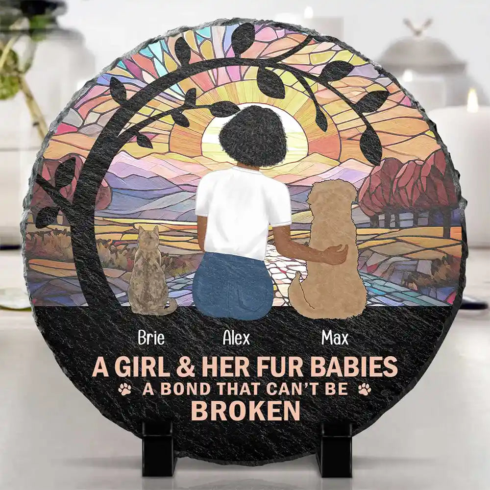 Pet Lovers - Flower Field A Girl And Her Dog And Cat - Personalized Circle Memorial Garden Stone