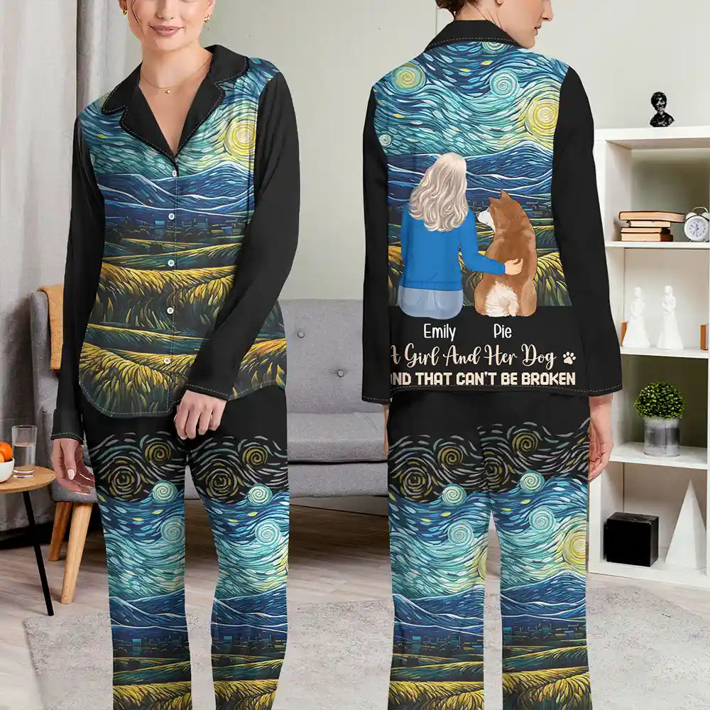 Dog Lovers,Cat Lovers,Pet Lovers,Dog Mom - Flower Field A Girl And Her Dog And Cat - Personalized Long Pajamas Set