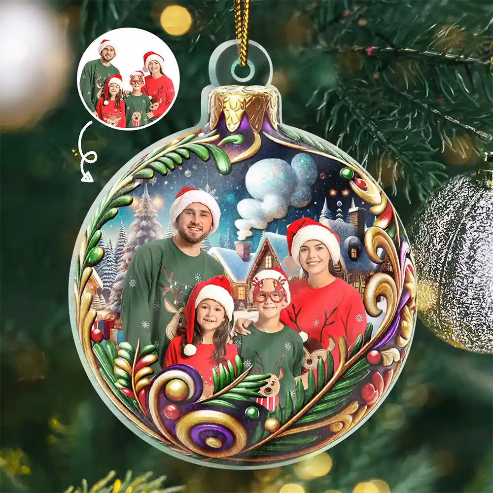 Family - Custom Photo Christmas Ball With 3D Floral Pattern - Personalized Custom Shaped Acrylic Ornament