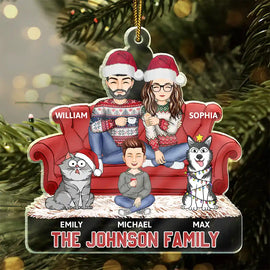 Christmas,Gift For Couples,Happy - Cartoon Couple With Kids And Pets - Personalized Cutout Acrylic Ornament