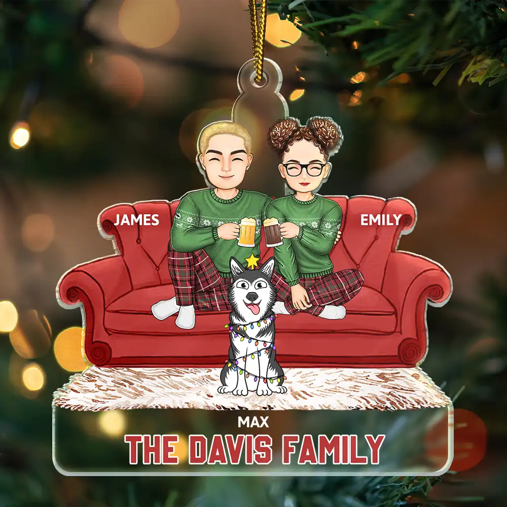 Christmas,Gift For Couples,Happy - Cartoon Couple With Kids And Pets - Personalized Cutout Acrylic Ornament