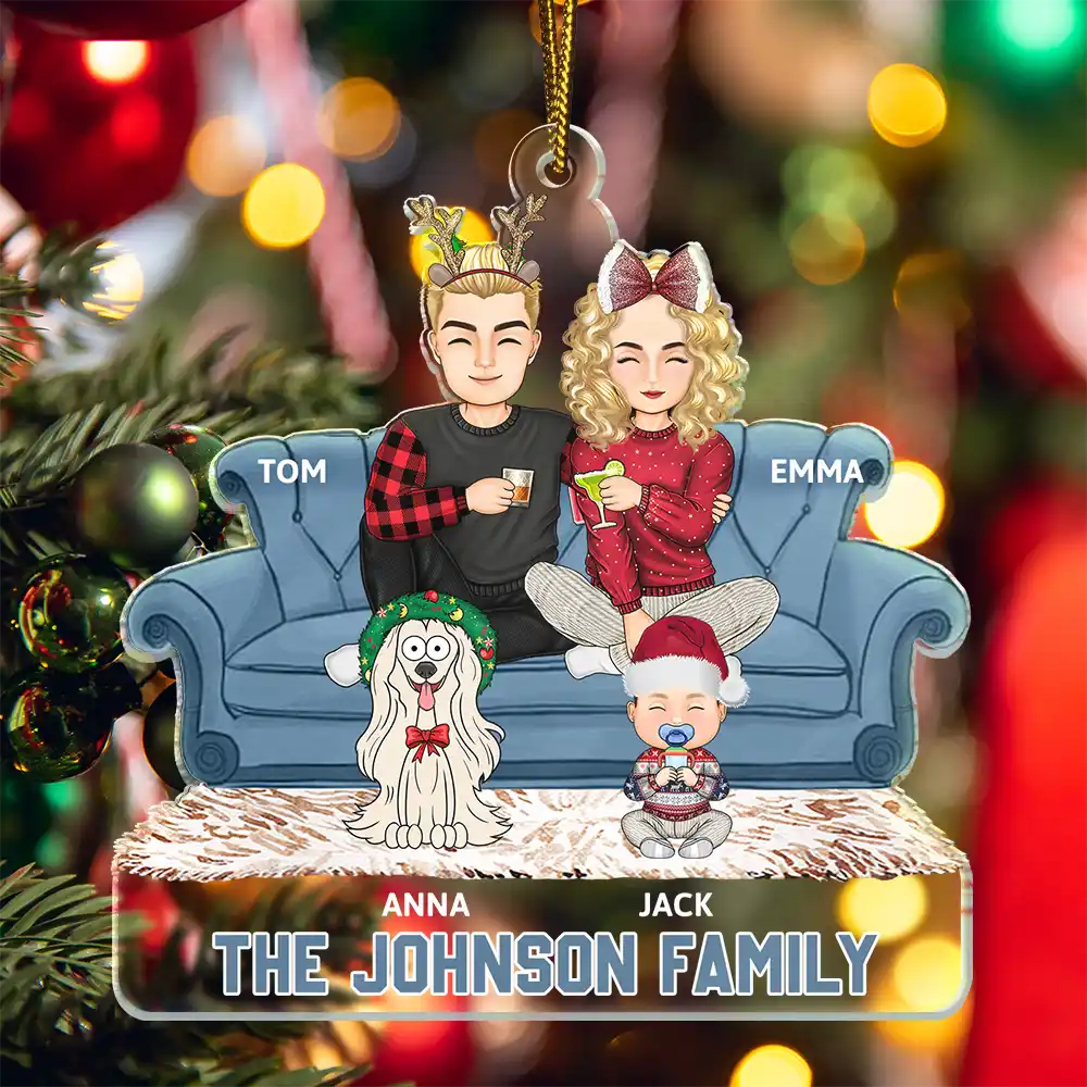 Christmas,Gift For Couples,Happy - Cartoon Couple With Kids And Pets - Personalized Cutout Acrylic Ornament