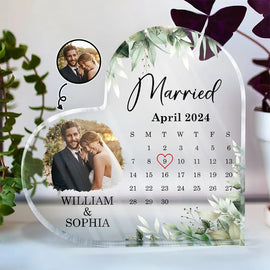 Gift For Couples, Gift For Husband, Gift For Wife, Gift For Boyfriend, Gift For Girlfriend - Custom Photo Calendar Married Engaged Couples - Personalized Heart Shaped Acrylic Plaque