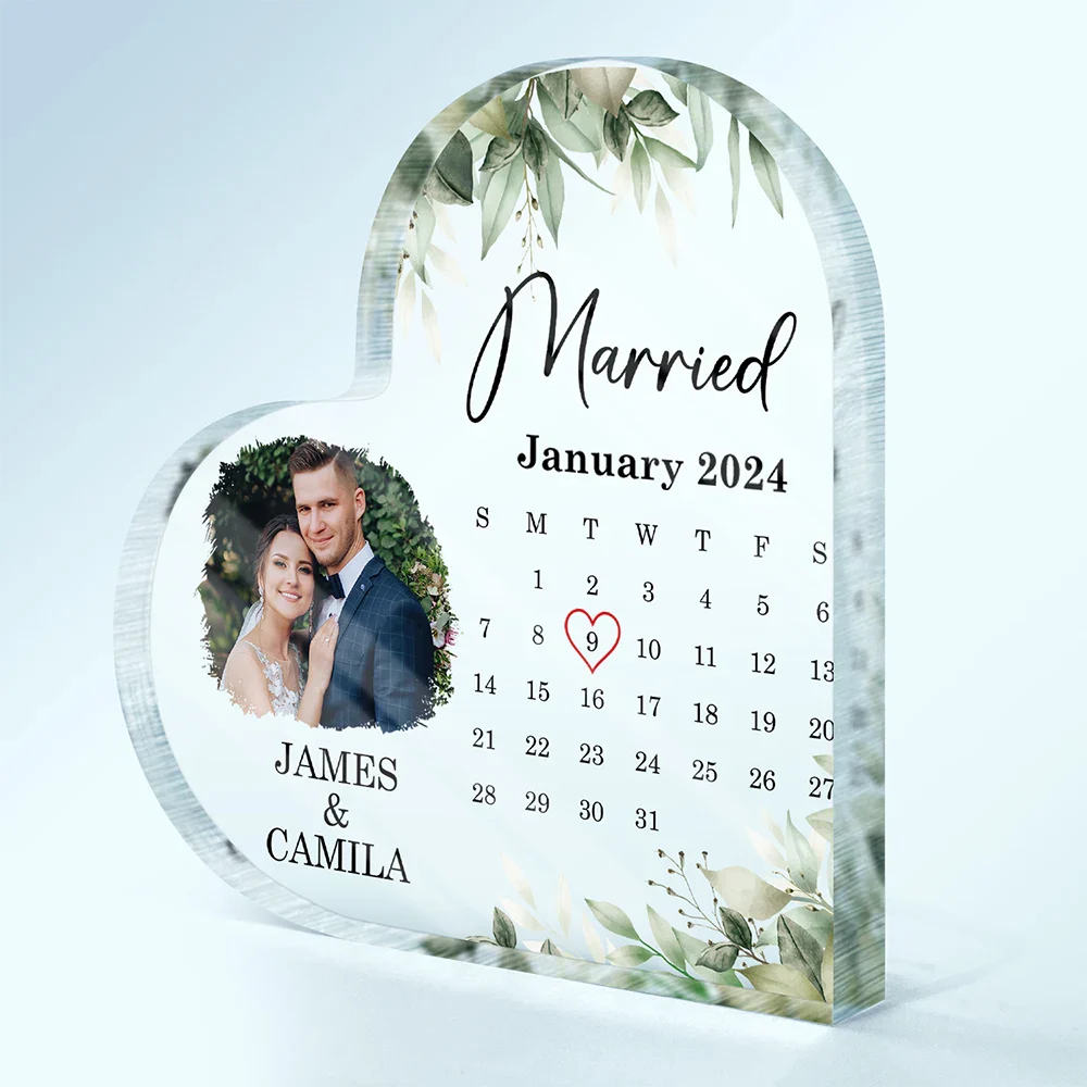 Gift For Couples, Gift For Husband, Gift For Wife, Gift For Boyfriend, Gift For Girlfriend - Custom Photo Calendar Married Engaged Couples - Personalized Heart Shaped Acrylic Plaque