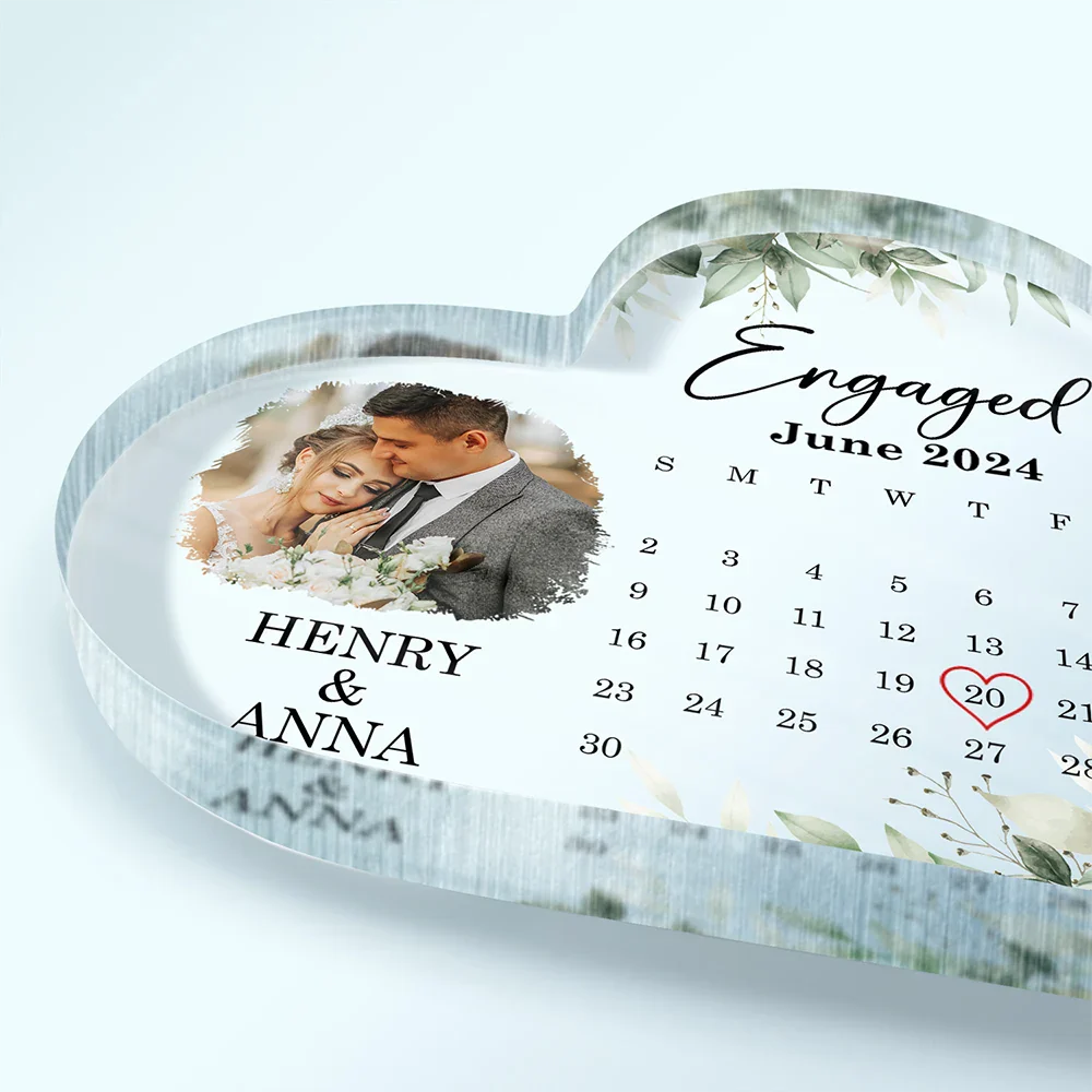 Gift For Couples, Gift For Husband, Gift For Wife, Gift For Boyfriend, Gift For Girlfriend - Custom Photo Calendar Married Engaged Couples - Personalized Heart Shaped Acrylic Plaque