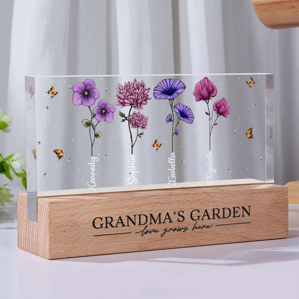 Gift For Grandma, Gift For Women, Gift For Mother - Grandma's Garden Birth Flowers - Personalized Rectangle LED Light