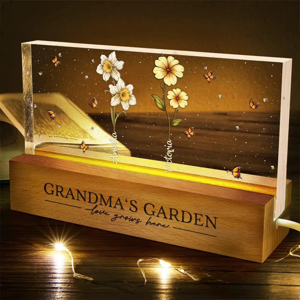 Gift For Grandma, Gift For Women, Gift For Mother - Grandma's Garden Birth Flowers - Personalized Rectangle LED Light