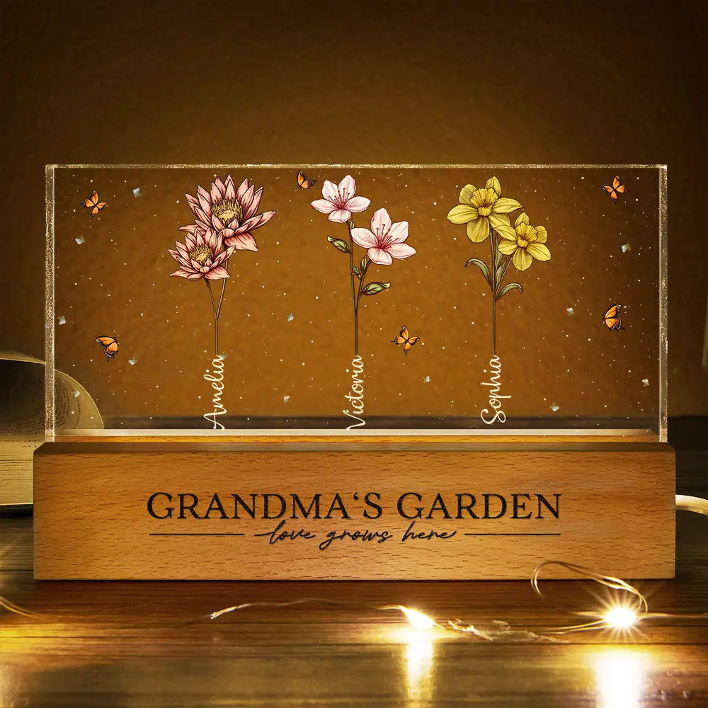 Gift For Grandma, Gift For Women, Gift For Mother - Grandma's Garden Birth Flowers - Personalized Rectangle LED Light