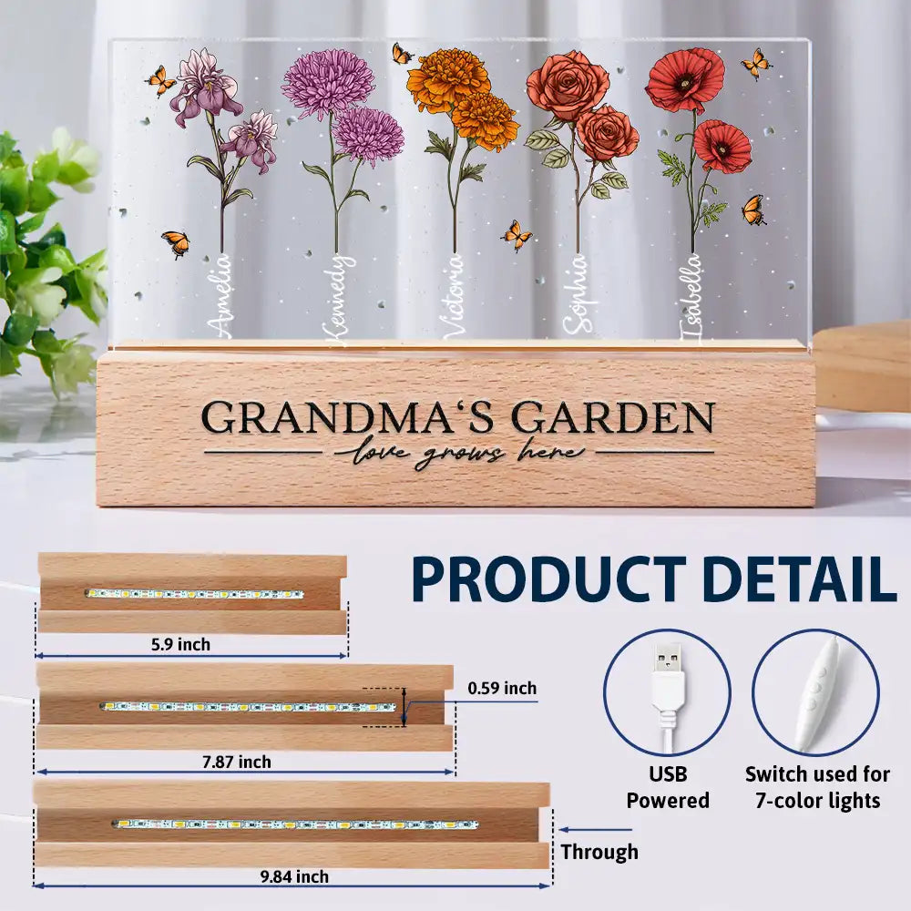 Gift For Grandma, Gift For Women, Gift For Mother - Grandma's Garden Birth Flowers - Personalized Rectangle LED Light