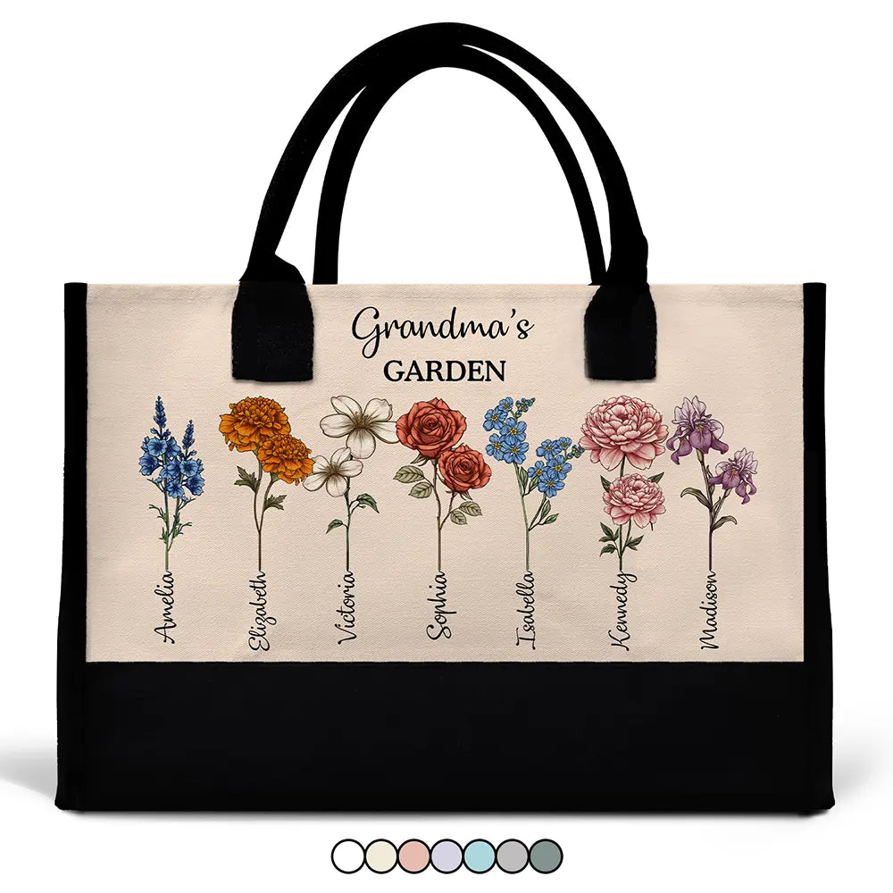 Gift For Grandma, Gift For Women, Gift For Mother - Grandma's Garden Birth Flower Bouquet - Personalized Canvas Tote Bag
