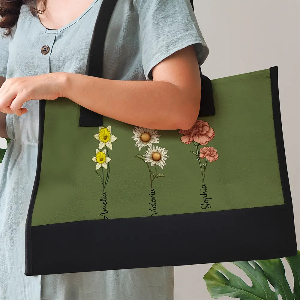 Gift For Grandma, Gift For Women, Gift For Mother - Grandma's Garden Birth Flower Bouquet - Personalized Canvas Tote Bag
