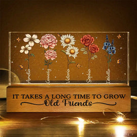 Happy,Gift For Bestie,Old Best friends,Gift For Women - It Takes A Long Time To Grow Old Friends Birth Flowers - Personalized Rectangle LED Light