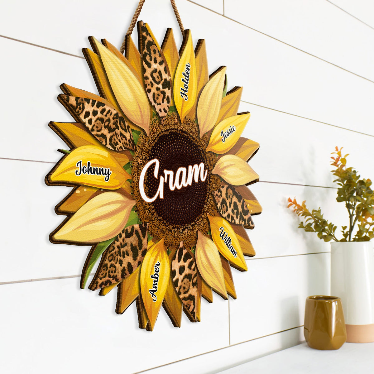 Nana, Mom, Auntie Family Sunflower - Birthday, Loving Gift For Mother, Grandma, Grandmother - Personalized Custom Shaped Wood Sign