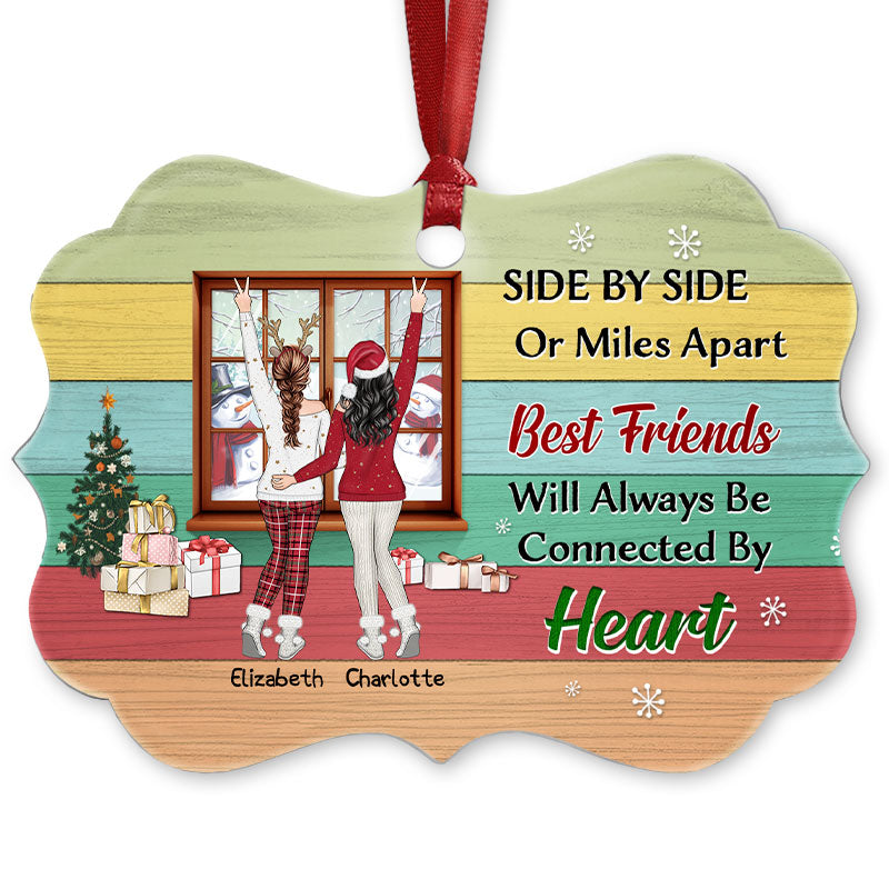 Side By Side Or Miles Apart Sisters - Christmas Gift For Sister - Personalized Custom Wooden Ornament, Aluminum Ornament