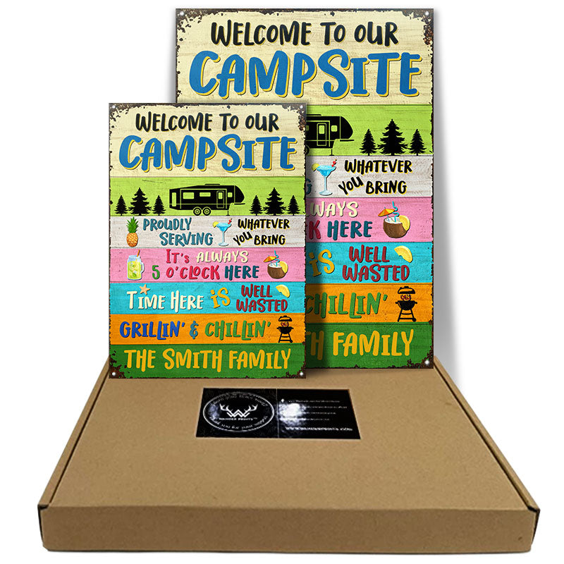 Welcome To Our Campsite Proudly Serving Camping - Personalized Custom Classic Metal Signs