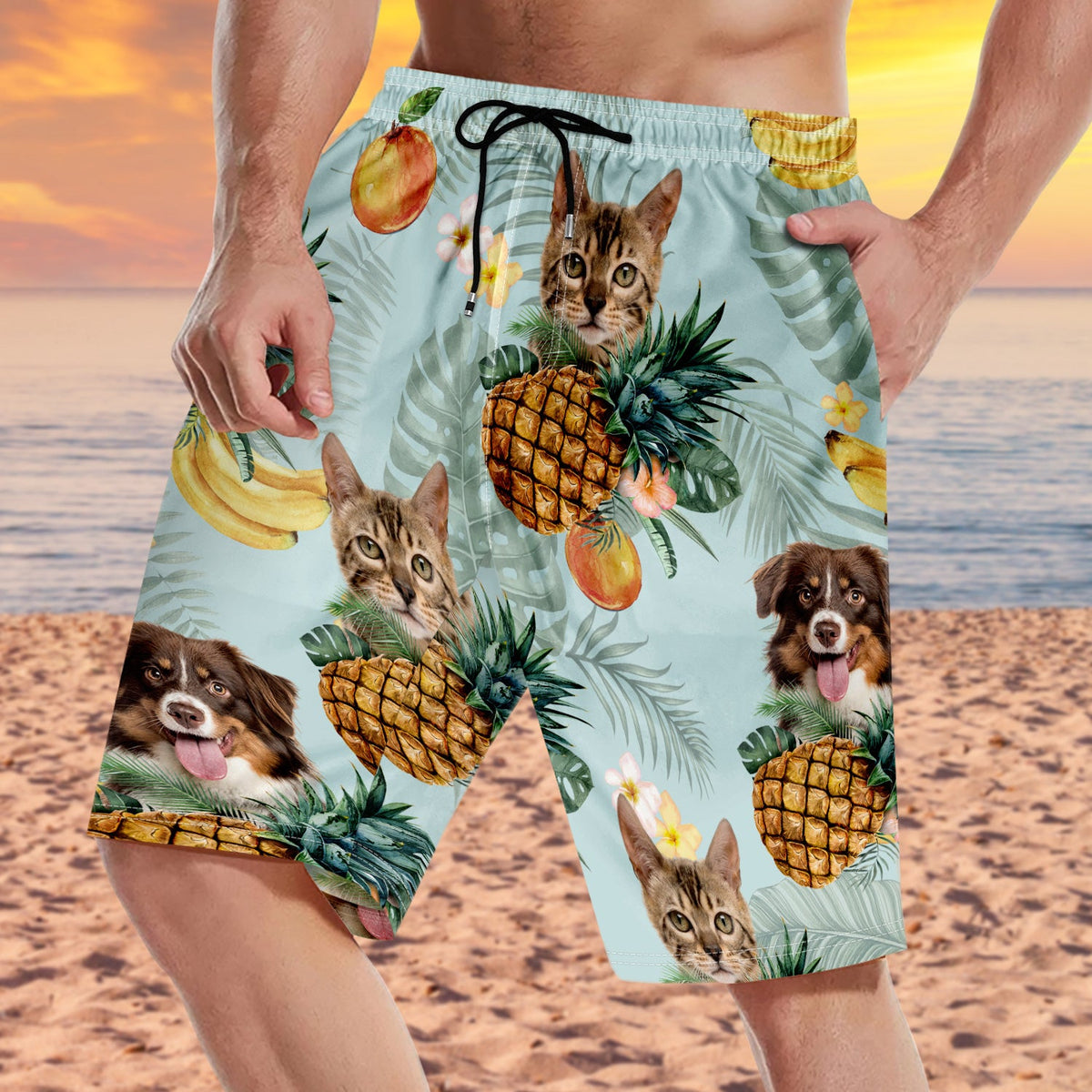 Custom Photo Funny Family Pet Face Tropical Fruit - Funny Gift For Pet Lovers, Dog Mom, Cat Mom, Dog Dad, Cat Dad - Personalized Unisex Beach Shorts