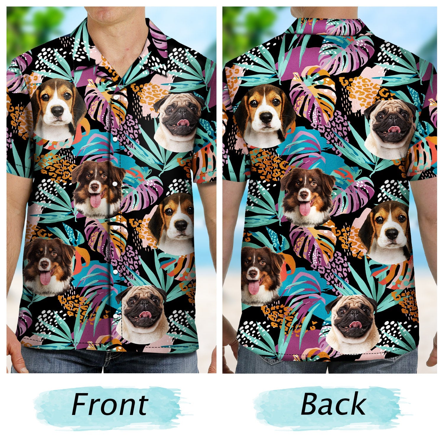 Custom Photo Funny Family Pet Face Purple Tropical - Gift For Pet Lovers, Dog Lovers, Cat Lovers - Personalized Hawaiian Shirt