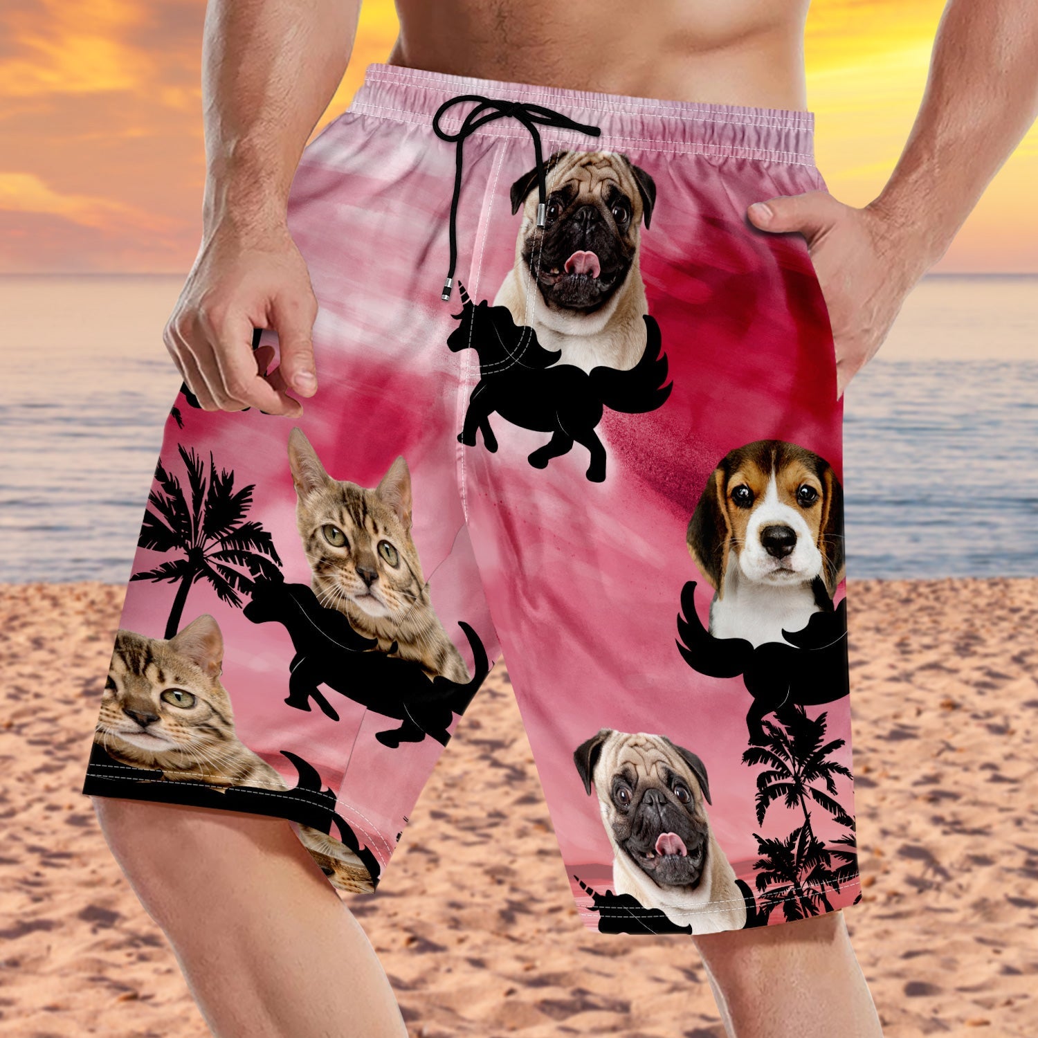 Custom Photo Funny Family Pet Face Color Sunset - Funny Gift For Pet Lovers, Dog Mom, Cat Mom, Dog Dad, Cat Dad - Personalized Unisex Beach Shorts