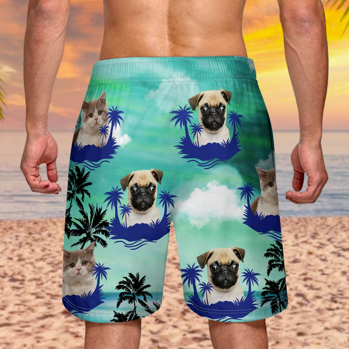 Custom Photo Funny Family Pet Face Color Sunset - Funny Gift For Pet Lovers, Dog Mom, Cat Mom, Dog Dad, Cat Dad - Personalized Unisex Beach Shorts