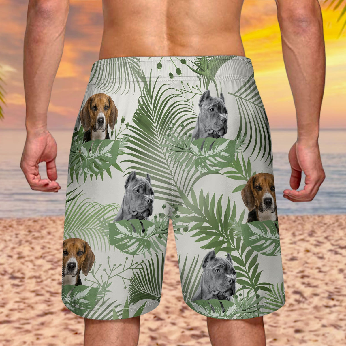 Custom Photo Funny Family Pet Face Tropical Leaf - Funny Gift For Pet Lovers, Dog Mom, Cat Mom, Dog Dad, Cat Dad - Personalized Unisex Beach Shorts