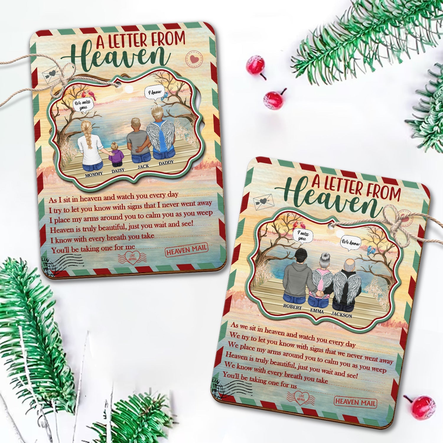 Christmas Family A Letter From Heaven To You - Memorial Gift - Personalized Wooden Card With Pop Out Medallion Ornament