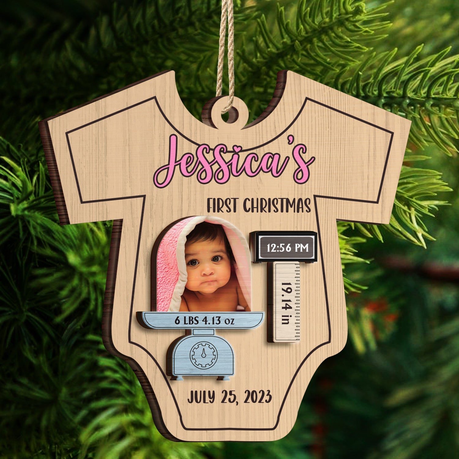 Custom Photo Lovely Baby Face First Christmas - Christmas Gift For Baby, Newborn Baby - Personalized 2-Layered Wooden Ornament