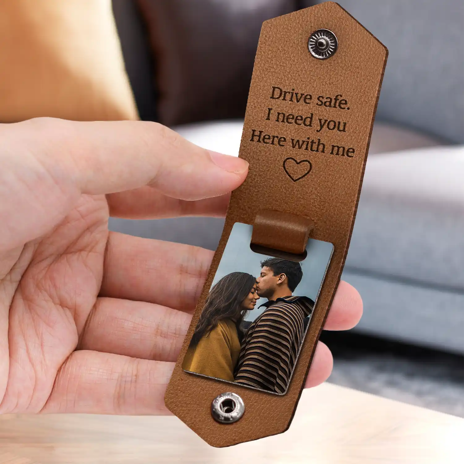 Custom Photo Drive Safe I Need You Here With Me - Gift For Boyfriends, Husbands, Couples - Personalized Leather Photo Keychain