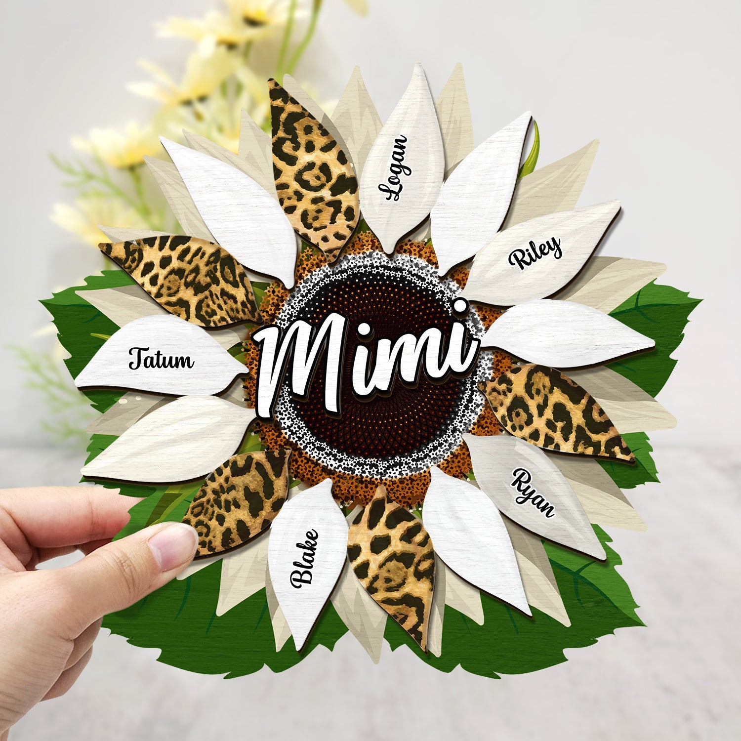 Nana, Mom, Auntie Family Sunflower - Birthday, Loving Gift For Mother, Grandma, Grandmother - Personalized 2-Layered Wooden Plaque With Stand