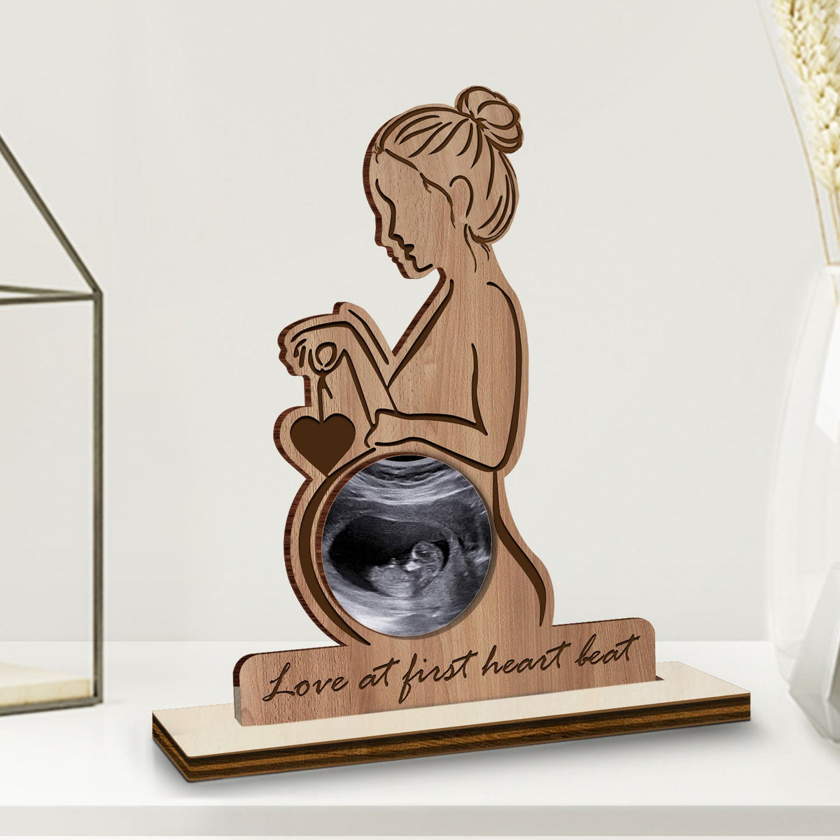 Custom Photo Love At First Heart Beat - Gift For Mom, Mother, New Parents - Personalized Custom Shaped 2-Layered Wooden Plaque