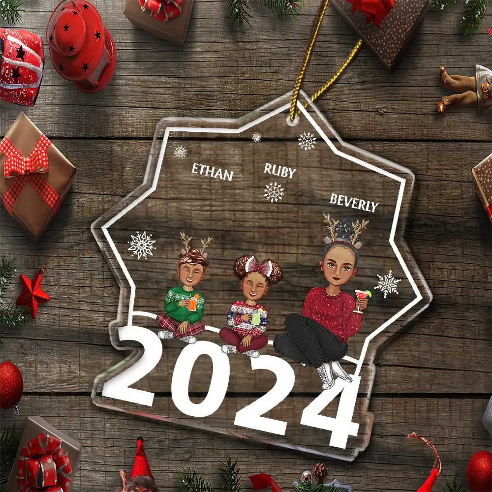 Christmas Cartoon Style 2024 Family Siblings - Personalized Custom Shaped Acrylic Ornament