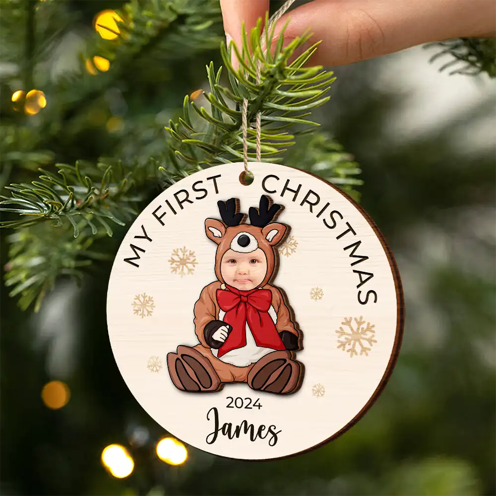 Custom Photo Baby's First Christmas Costumes - Personalized 2-Layered Wooden Ornament