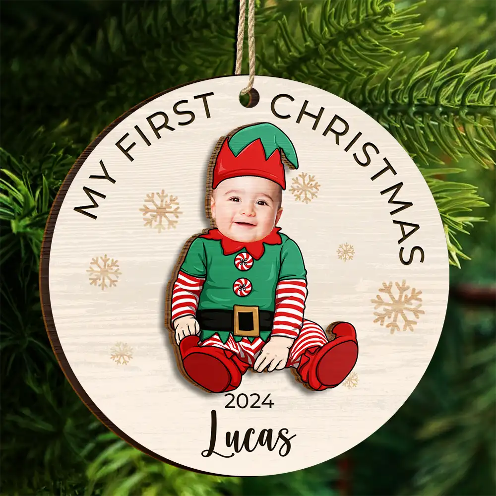 Custom Photo Baby's First Christmas Costumes - Personalized 2-Layered Wooden Ornament