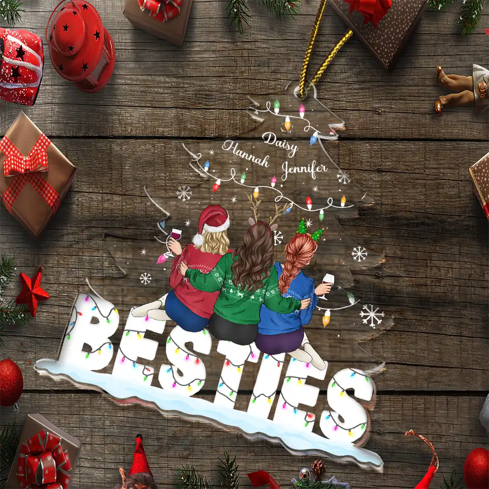 Besties Sitting Under Christmas Tree - Personalized Cutout Acrylic Ornament