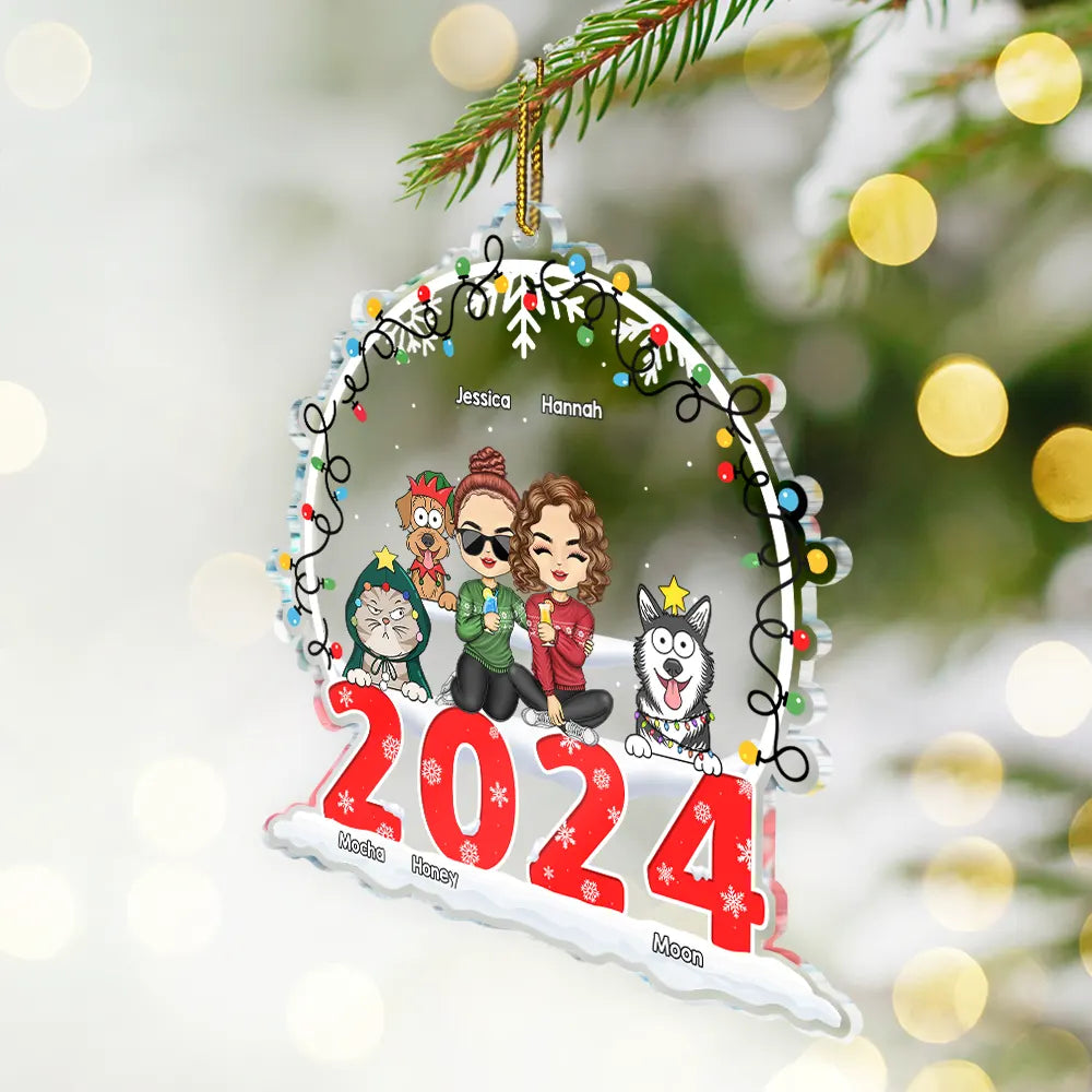 Christmas,Gift For Couples,Gift For Husband,Gift For Wife,Dog Lovers,Cat Lovers,Pet Couple,Happy - Christmas Couple And Pets - Personalized Custom Shaped Acrylic Ornament