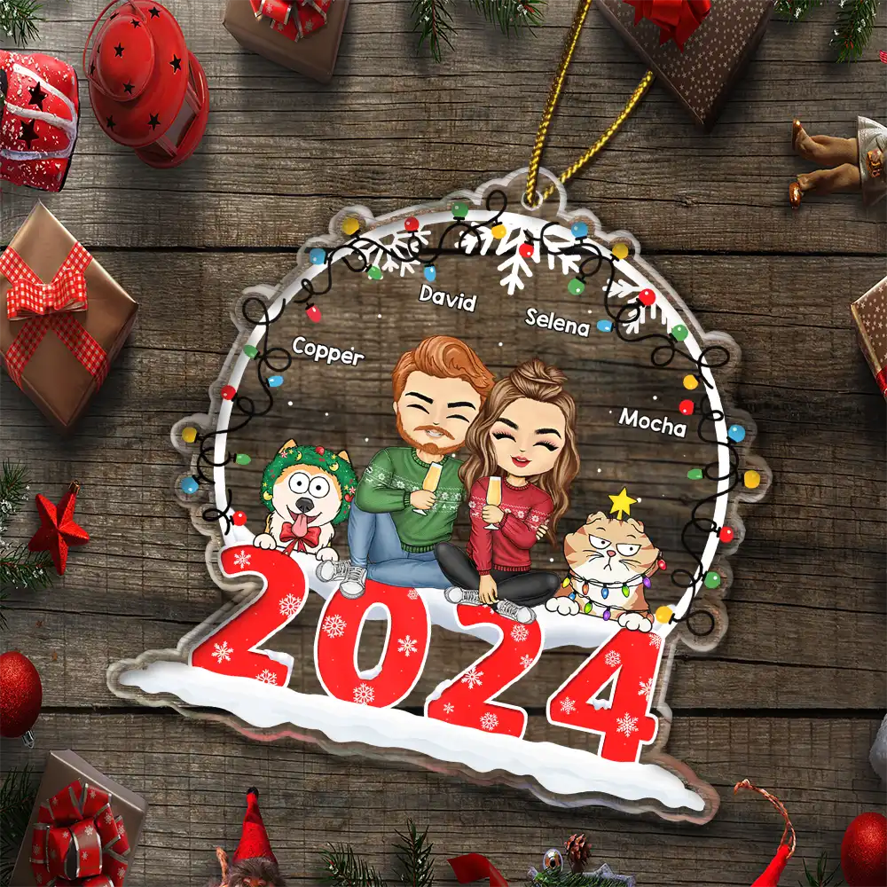 Christmas,Gift For Couples,Gift For Husband,Gift For Wife,Dog Lovers,Cat Lovers,Pet Couple,Happy - Christmas Couple And Pets - Personalized Custom Shaped Acrylic Ornament